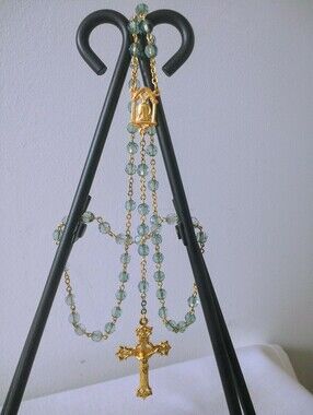 Gold-tone Cross Rosary Necklace with Light Blue-Green Beads